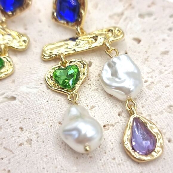 New FREE PEOPLE Baroque pearl & gem stone dangle earrings - Picture 4 of 8